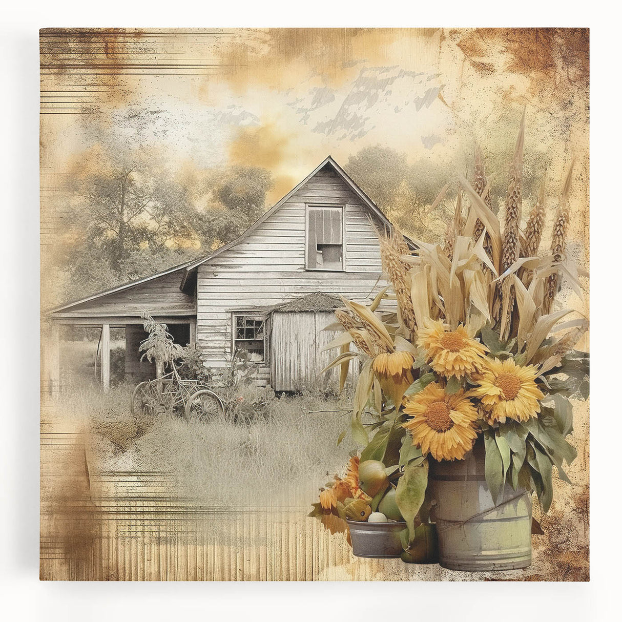 Farmhouse Wall Art with Sunflowers and Barn - Rustic Country Decor
