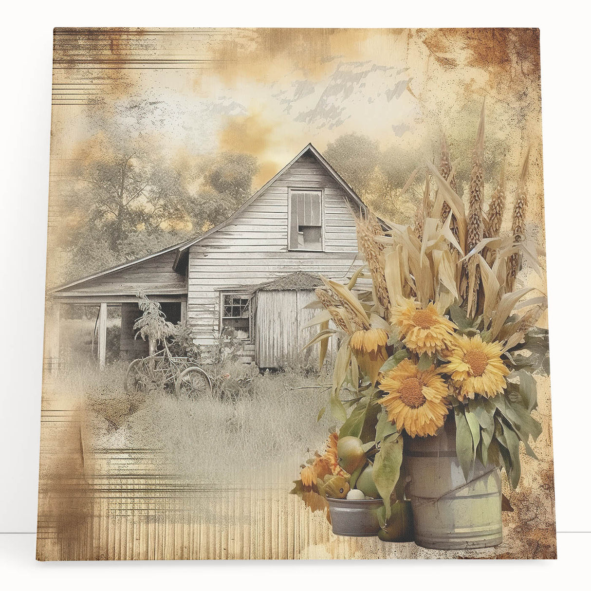 Farmhouse Wall Art with Sunflowers and Barn - Rustic Country Decor