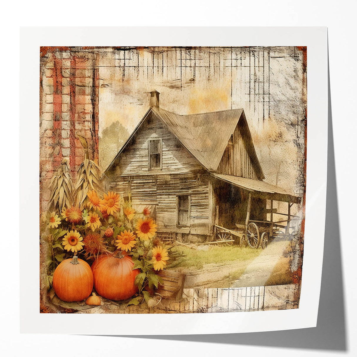 Country Style Art with Pumpkins and Sunflowers - Rustic Farmhouse Decor