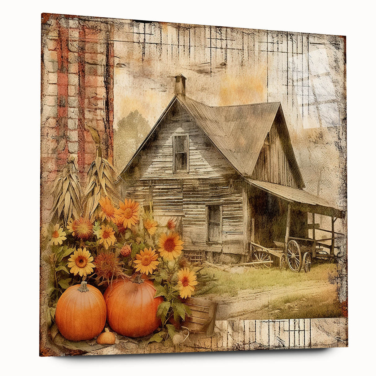 Country Style Art with Pumpkins and Sunflowers - Rustic Farmhouse Decor