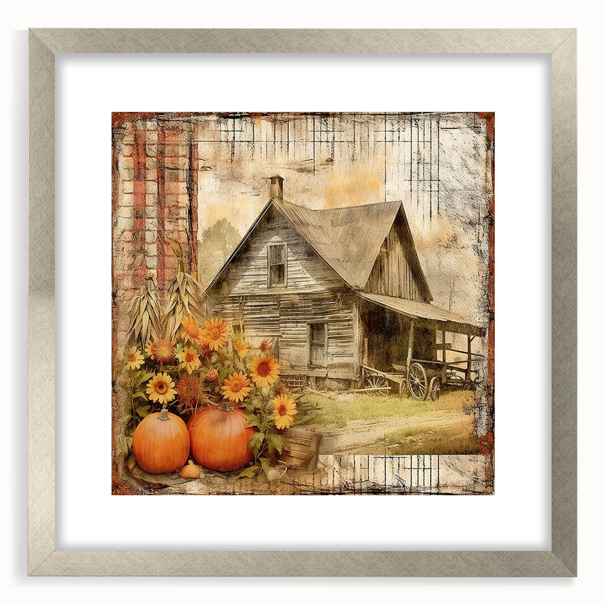 Country Style Art with Pumpkins and Sunflowers - Rustic Farmhouse Decor
