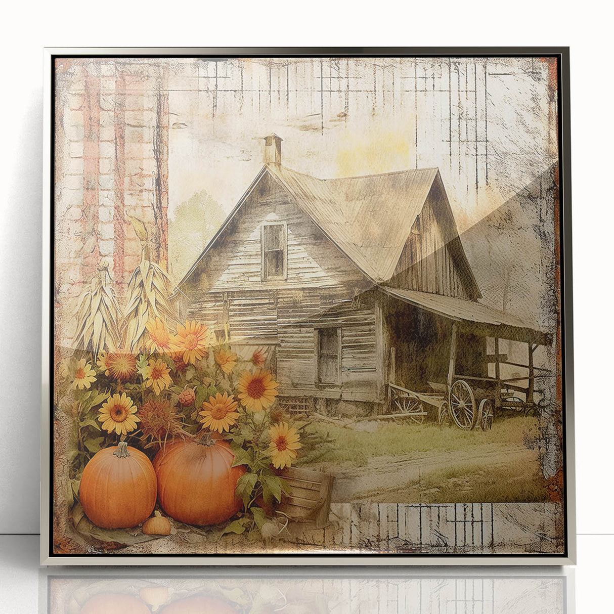 Country Style Art with Pumpkins and Sunflowers - Rustic Farmhouse Decor