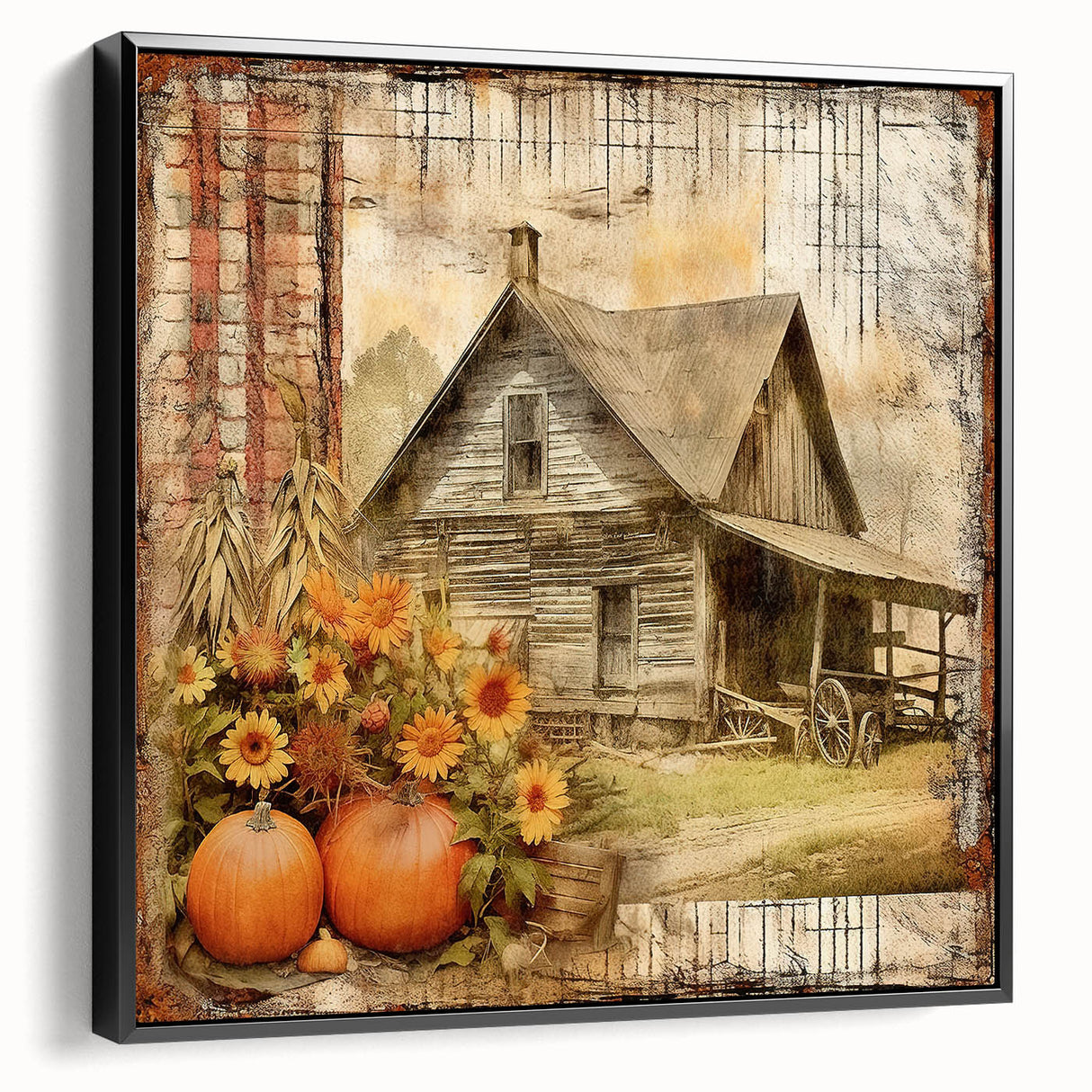 Country Style Art with Pumpkins and Sunflowers - Rustic Farmhouse Decor