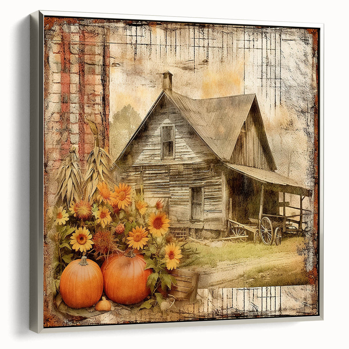 Country Style Art with Pumpkins and Sunflowers - Rustic Farmhouse Decor