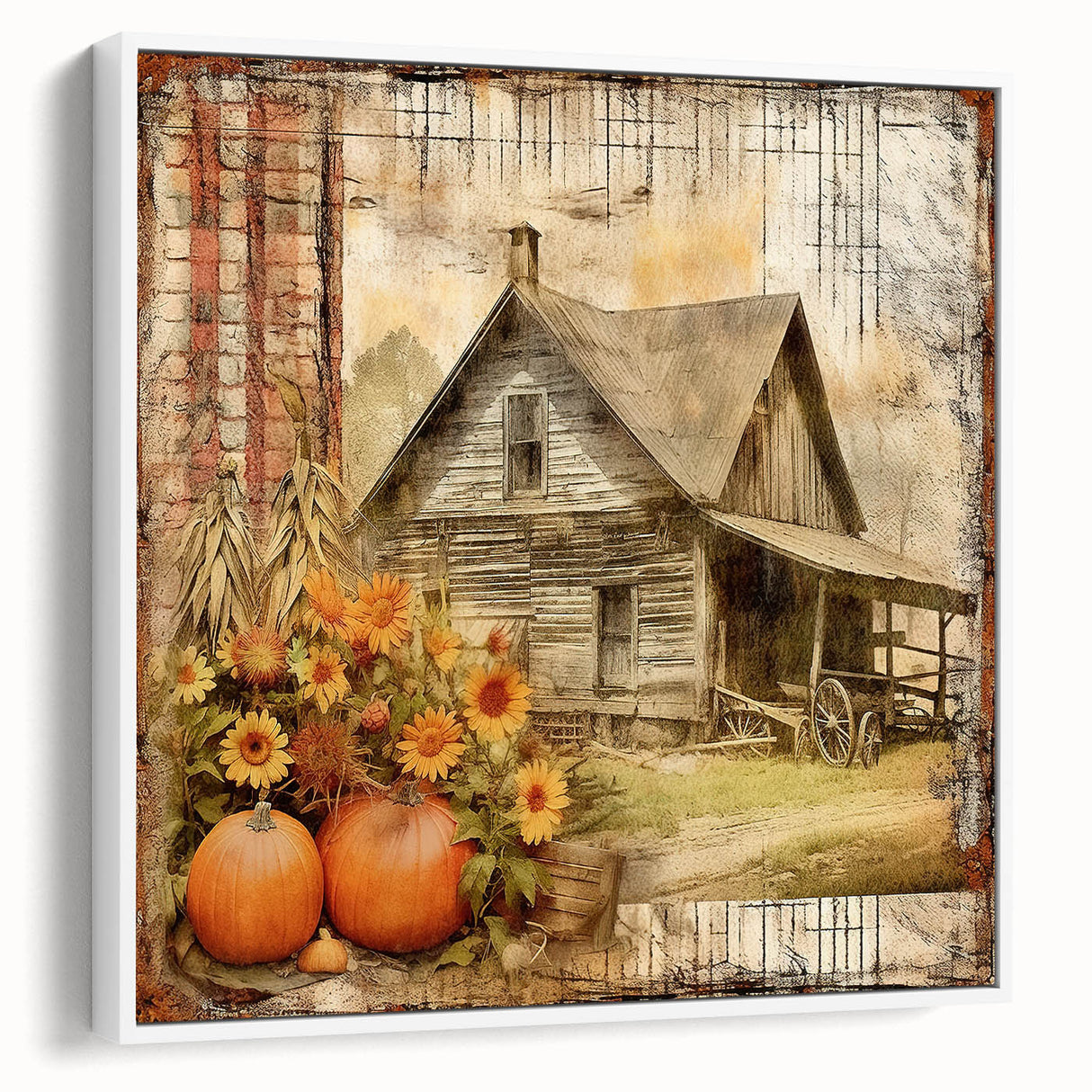 Country Style Art with Pumpkins and Sunflowers - Rustic Farmhouse Decor