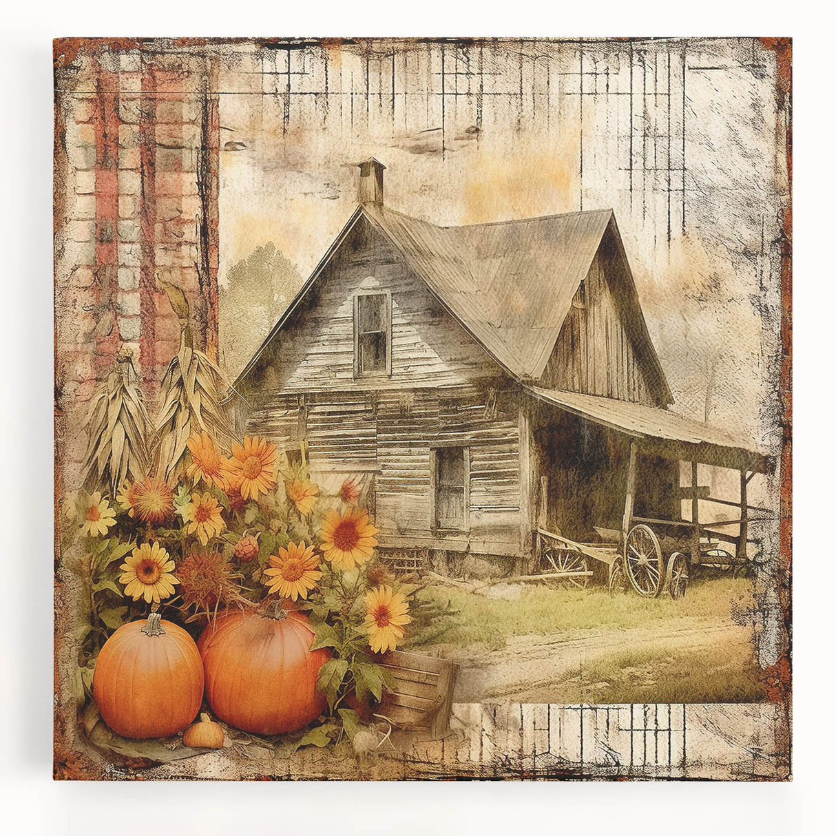 Country Style Art with Pumpkins and Sunflowers - Rustic Farmhouse Decor