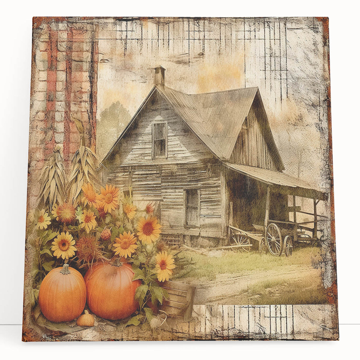 Country Style Art with Pumpkins and Sunflowers - Rustic Farmhouse Decor