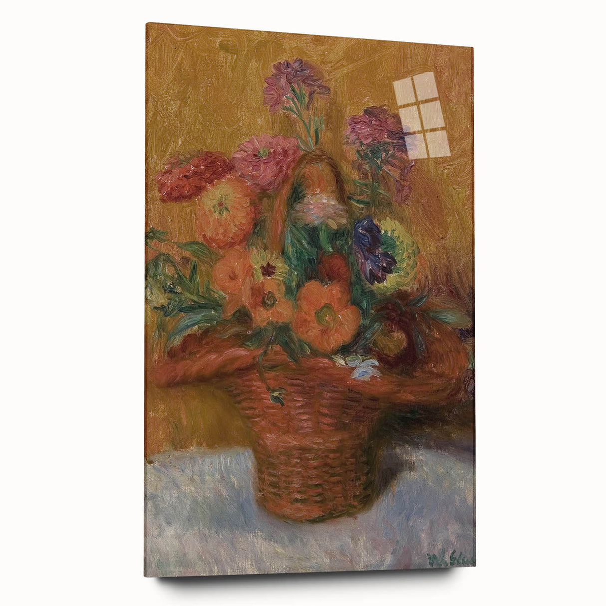 Red Basket of Zinnias Modern Wall Art – Vibrant Floral Masterpiece