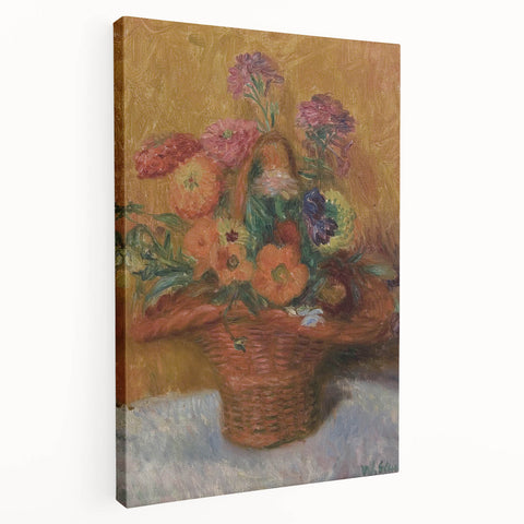 Red Basket of Zinnias Modern Wall Art – Vibrant Floral Masterpiece