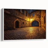 Framed canvas artwork showcasing a stunning landscape with a majestic castle, featuring vibrant colors and intricate details, displayed against a white background.