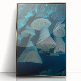 Framed acrylic artwork showcasing a stunning landscape with caves, featuring silver accents and a sleek front view design, perfect for modern decor.