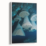 Framed canvas artwork depicting a serene landscape with caves, featuring soft earth tones and intricate details. The piece is elegantly displayed with a white frame, perfect for enhancing home decor.