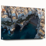 Acrylic artwork showcasing vibrant landscapes and dramatic cliffs, displayed in a side view with pins for secure mounting, ideal for modern home decor.