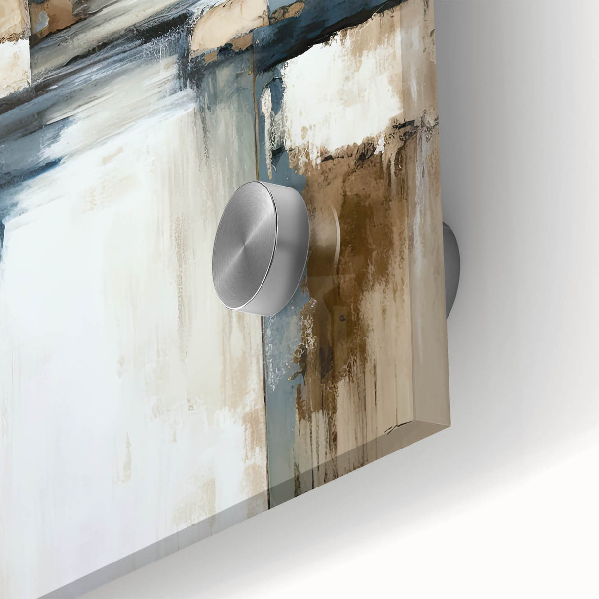 Close-up of an abstract architecture wall art piece, showcasing intricate geometric patterns in vibrant colors, printed on acrylic glass for a modern aesthetic. This artwork adds a contemporary touch to any interior design.