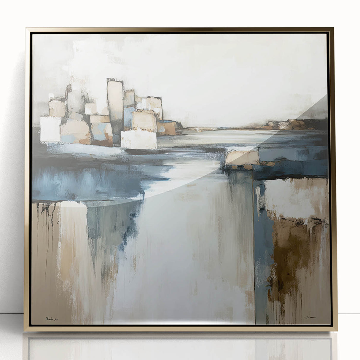 Abstract architecture wall art framed in gold acrylic, showcasing geometric patterns and a modern design, perfect for contemporary home decor.