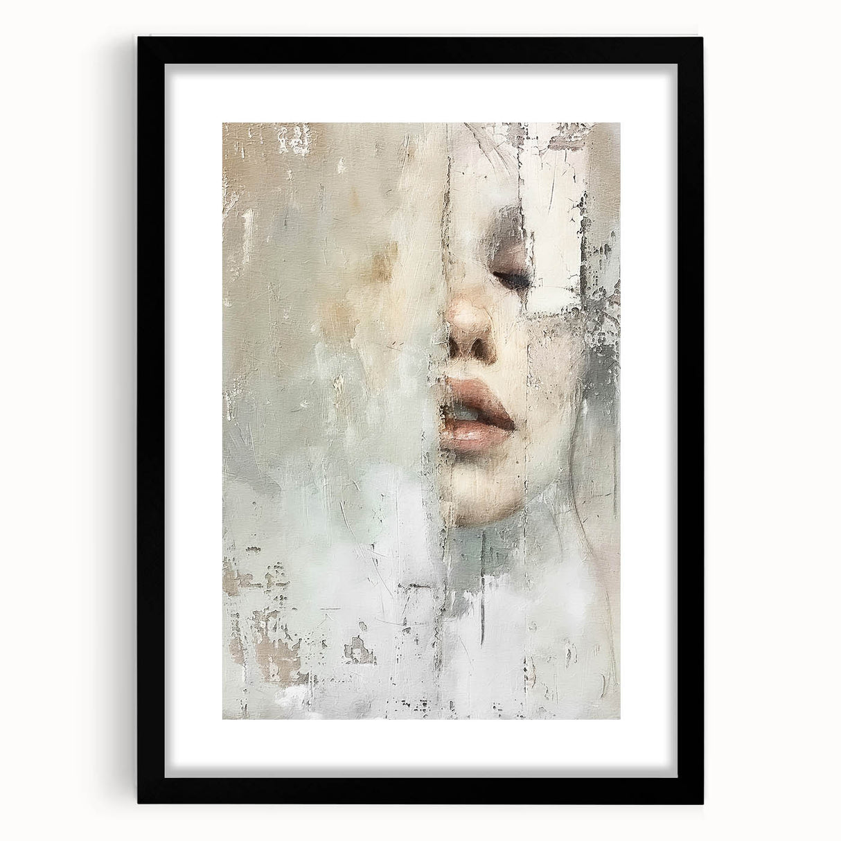 Abstract figurative wall art featuring a striking black frame and mat, showcasing a dynamic blend of shapes and colors, perfect for modern home decor.