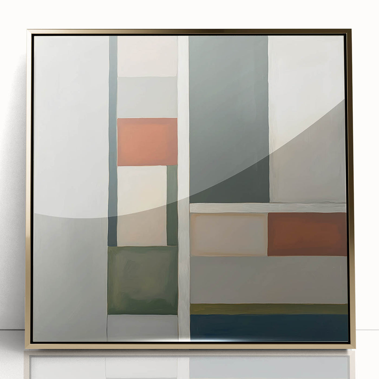 Abstract geometric design framed in gold acrylic, showcasing intricate shapes and vibrant colors, perfect for modern home decor and art enthusiasts.