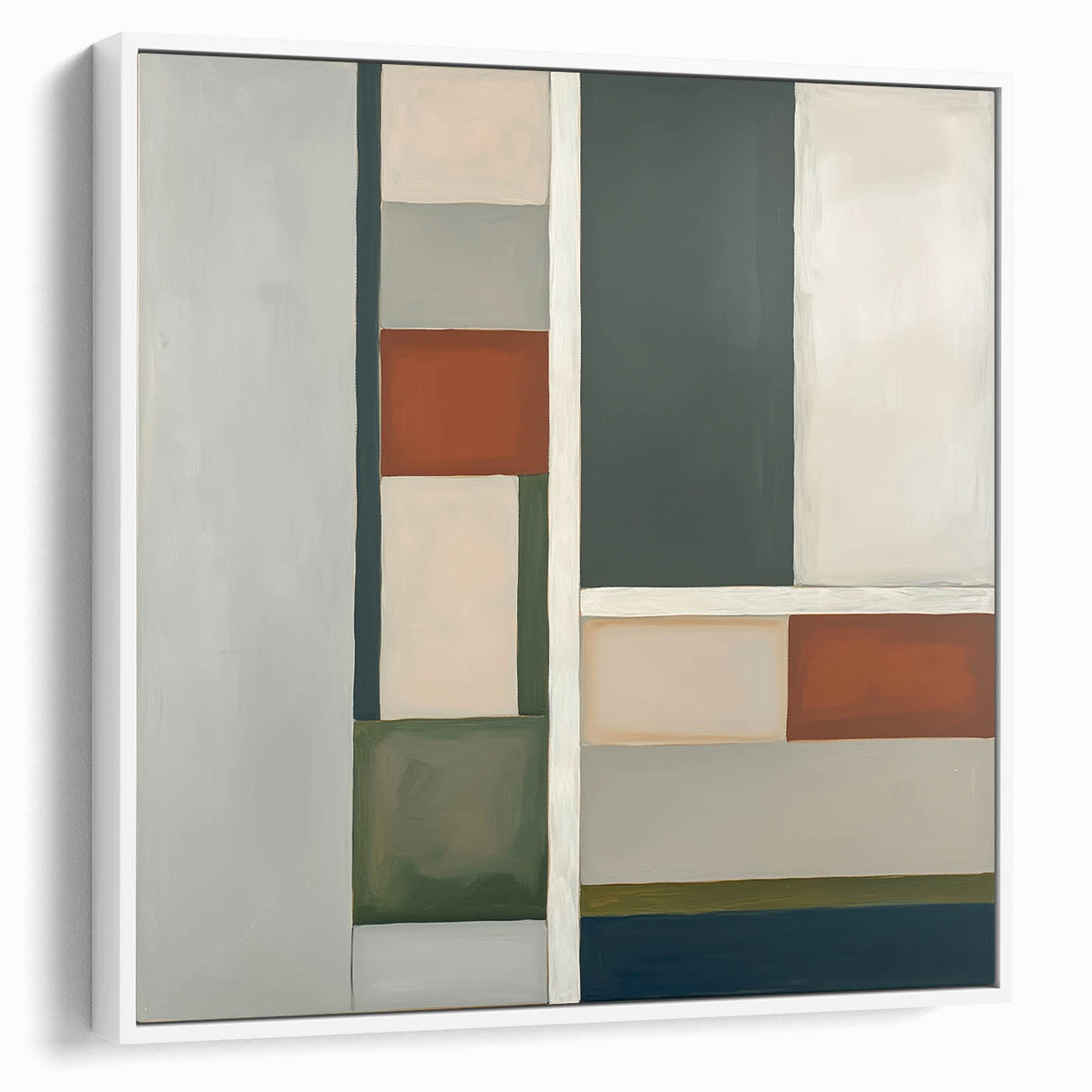 Framed abstract geometric canvas art in white, showcasing a modern design with sharp lines and angles, ideal for contemporary home decor.