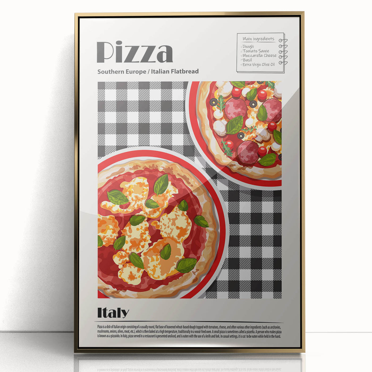 Large art print of assorted food dishes in mid-century modernist style, framed in gold acrylic.