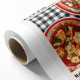 Art deco poster featuring an array of colorful food dishes on rolled canvas, suitable for dining room wall art.