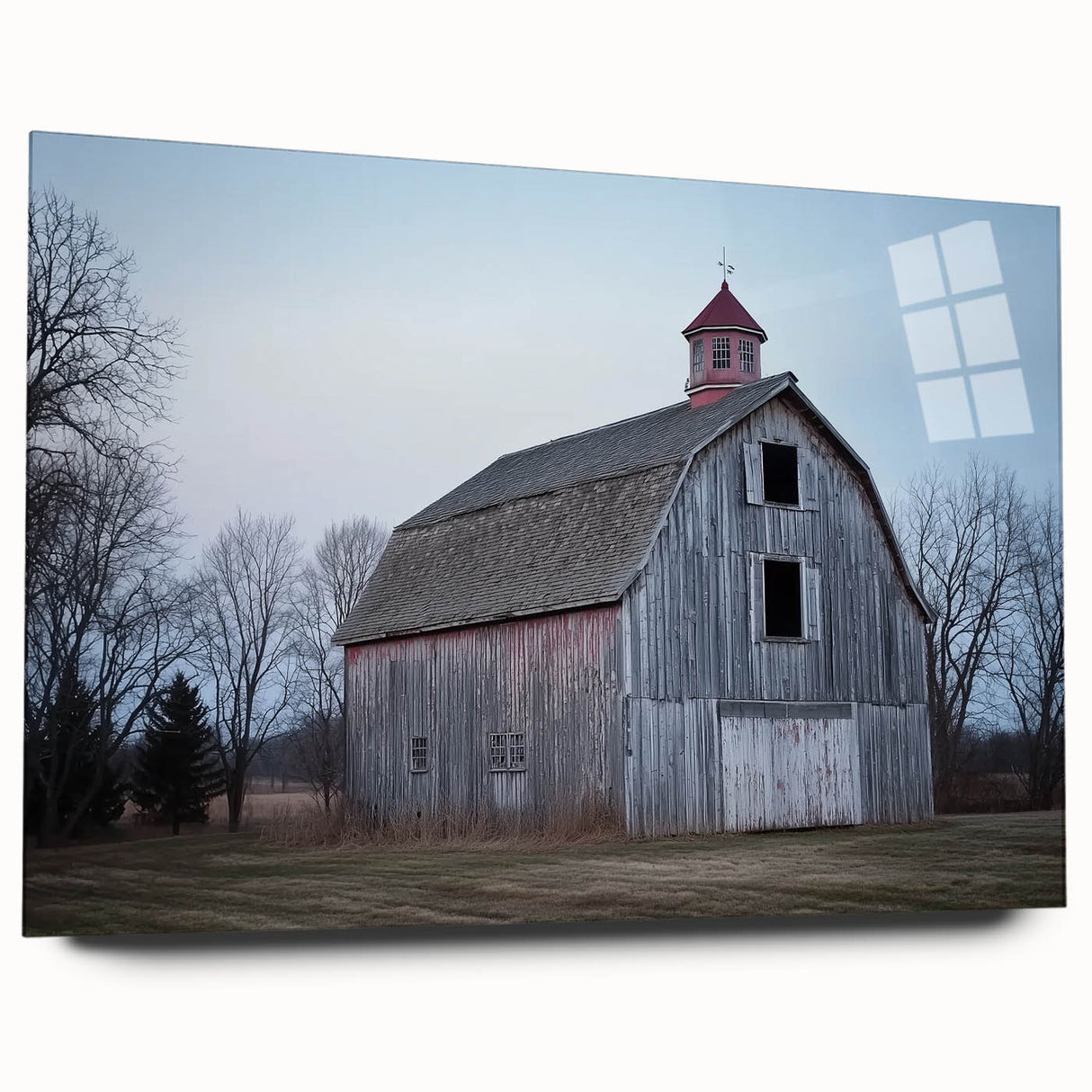 Acrylic glass side view of a landscape barn design showcasing vibrant colors and detailed textures, perfect for enhancing home decor with rustic charm.