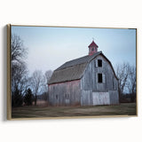 Elegant gold-framed landscape barn canvas art showcasing a serene rural scene, ideal for home decor or office ambiance, emphasizing rustic charm and warmth.