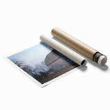 Landscape barn print on rolled canvas featuring a rustic scene with vibrant colors, ideal for home decor. Packaged securely in a protective cardboard tube.