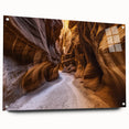 Acrylic landscape artwork depicting vibrant canyons in rich colors, displayed with metallic pins against a neutral backdrop, enhancing its modern aesthetic.