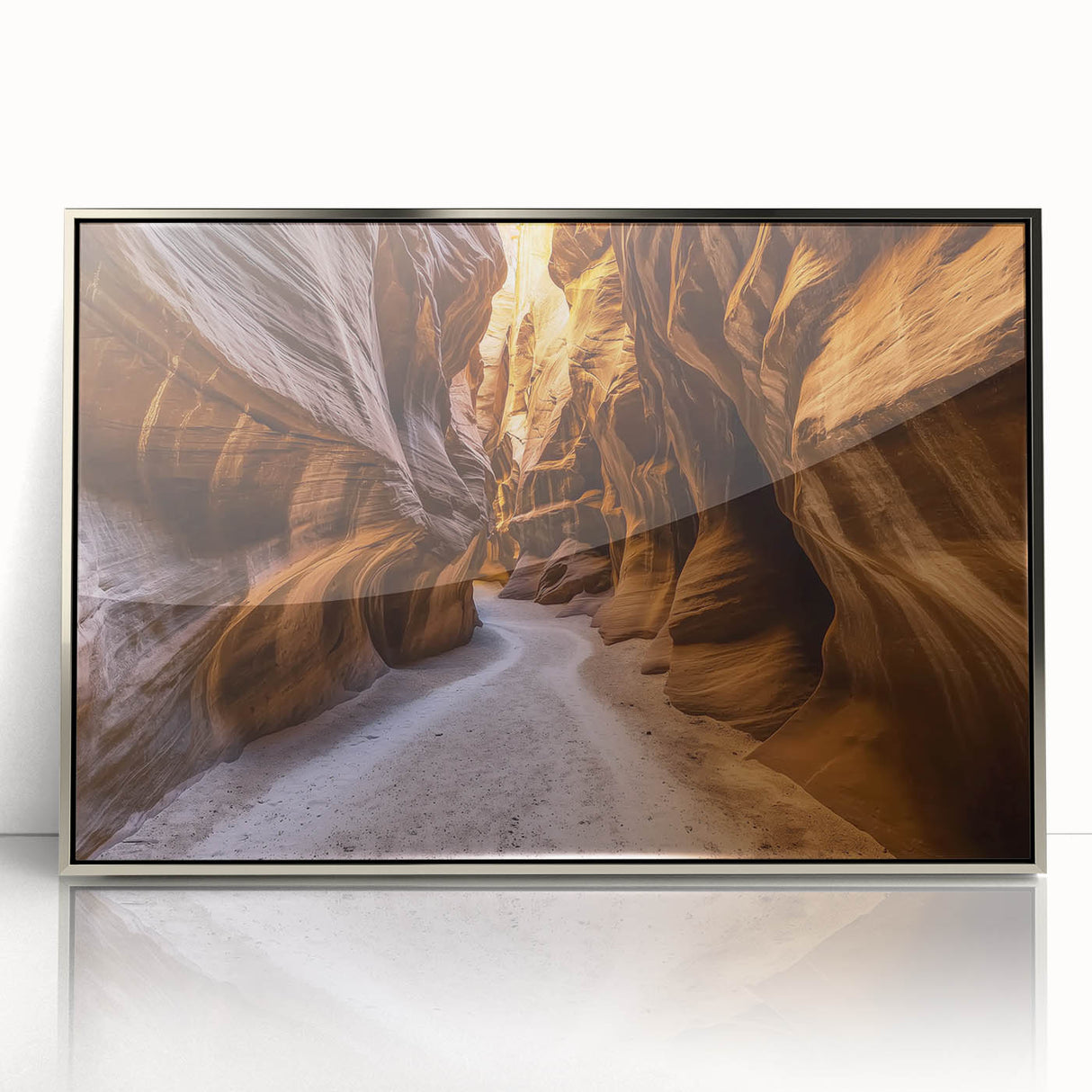 Framed acrylic artwork showcasing a vibrant landscape of canyons in rich earth tones, ideal for modern home decor. Perfect for adding a touch of nature.