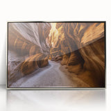 Framed acrylic artwork showcasing a vibrant landscape of canyons in rich earth tones, ideal for modern home decor. Perfect for adding a touch of nature.