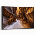 Framed canvas artwork depicting a stunning landscape of canyons in rich earthy tones, showcasing dramatic rock formations and a serene atmosphere, ideal for home decor.