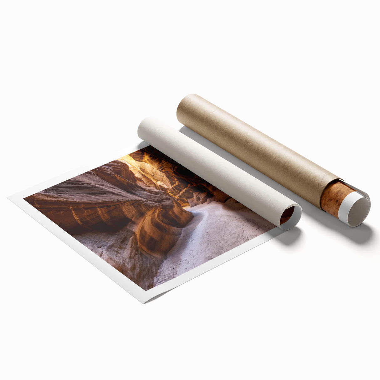 Vibrant landscape print showcasing majestic canyons in warm earth tones, rolled and ready for framing, perfect for enhancing home decor with natural beauty.