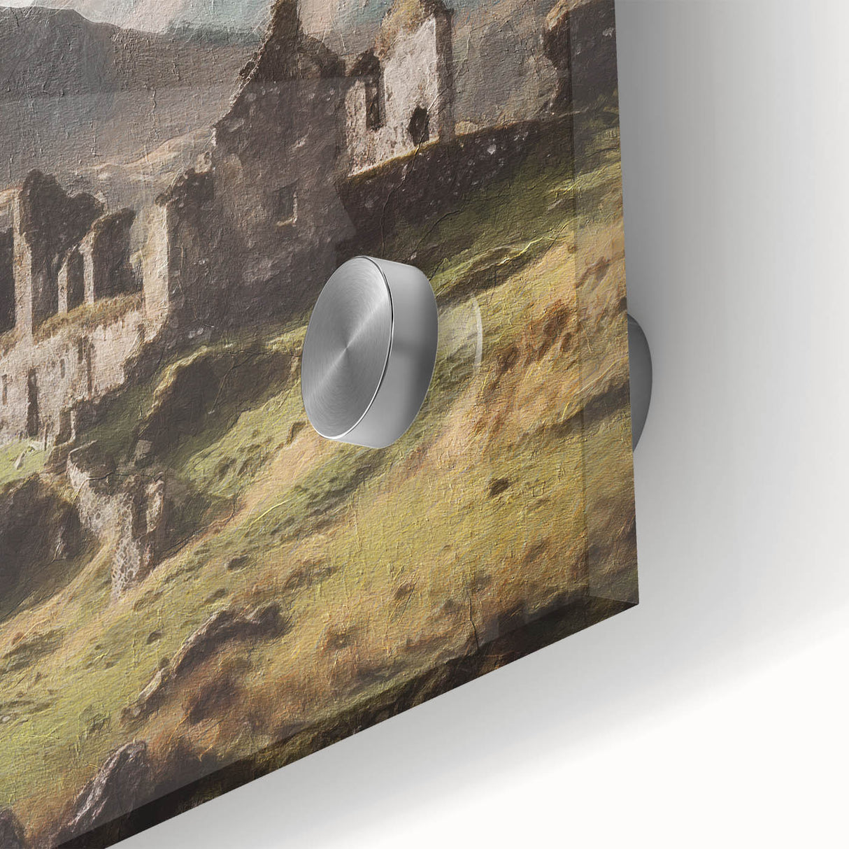 Close-up of vibrant landscape wall art depicting a serene countryside scene, printed on acrylic glass with vivid colors, perfect for home decor.