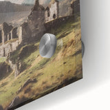 Close-up of vibrant landscape wall art depicting a serene countryside scene, printed on acrylic glass with vivid colors, perfect for home decor.