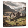 Landscape wall art depicting a serene countryside scene, displayed in acrylic glass with a side view showcasing pin mounting. The vibrant colors evoke tranquility and nature's beauty.