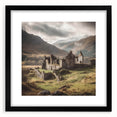 Landscape wall art featuring a serene countryside scene, framed with a black mat, ideal for home decor. Perfect for adding a rustic touch to any room.