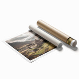 Landscape countryside wall art print showcasing rolling green hills under a blue sky, rolled and packaged in a protective cardboard tube for shipping. Ideal for home decor enthusiasts seeking nature-inspired artwork.