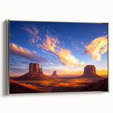 Framed canvas print showcasing a vibrant desert landscape with warm tones, elegantly displayed in a sleek silver frame, perfect for home decor.