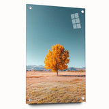 Acrylic glass artwork showcasing a vibrant landscape with rolling fields, displayed at an angle and secured with decorative pins, ideal for modern decor.