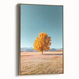 Framed canvas artwork showcasing a serene landscape of golden fields under a clear sky, emphasizing vibrant colors and fine details, perfect for home decor.