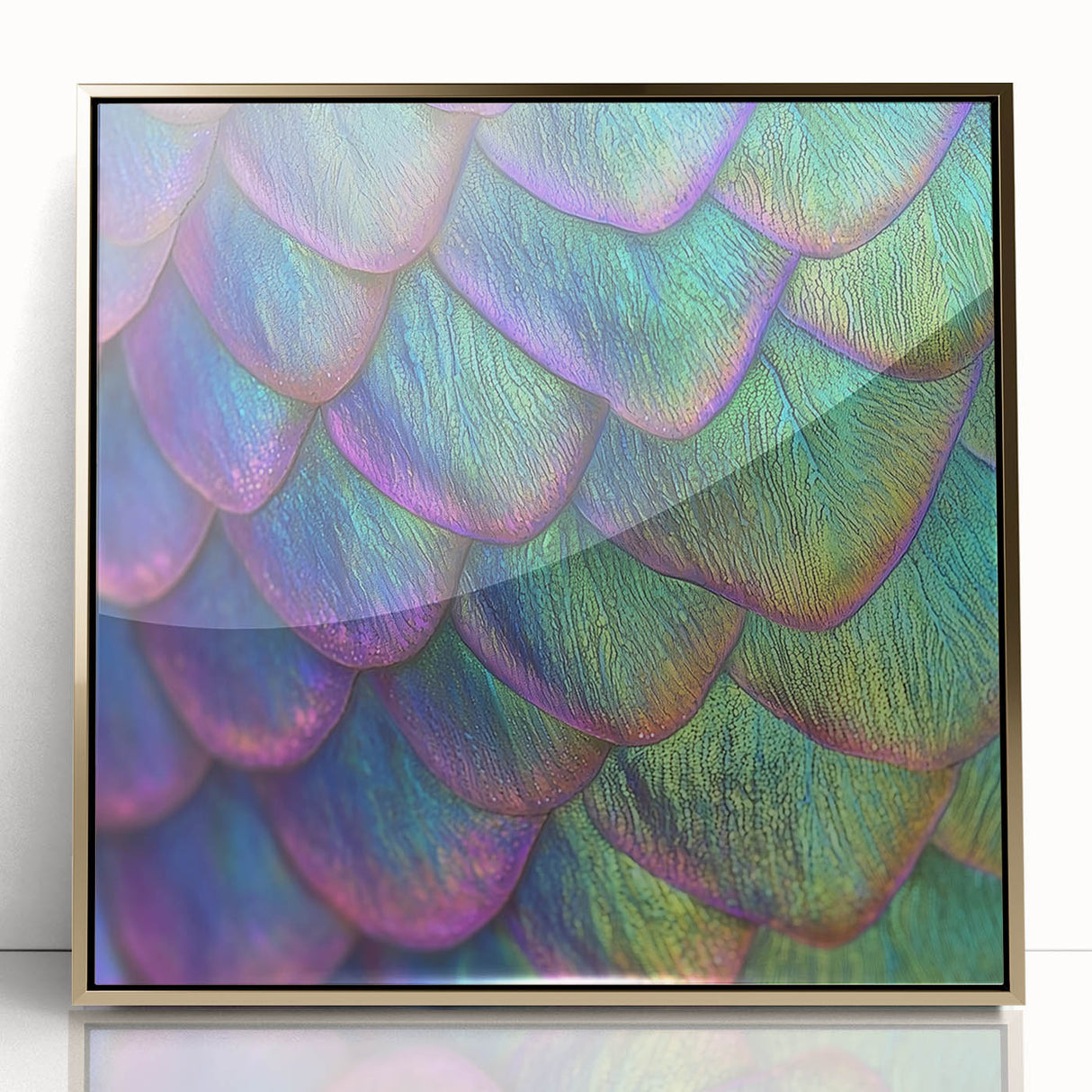 Close-up of a gold-framed acrylic print featuring a detailed animal illustration, in muted earth tones.