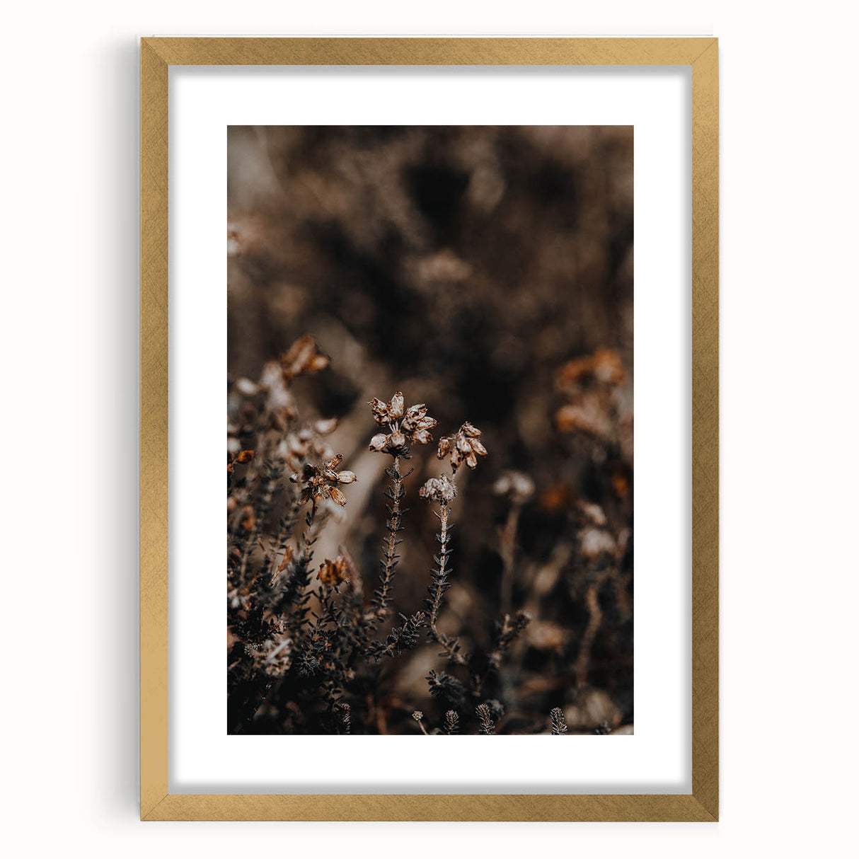 Extra large abstract art print featuring textured autumnal hues in a gold frame, ideal for living room decor.