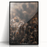 Large abstract wall art in fall hues, mid-century modernist style, framed in black acrylic.