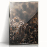 Mid-century modernist art depicting autumn trees in rich orange tones, framed in silver acrylic.