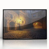 Framed acrylic artwork showcasing a majestic landscape with a castle, set against a vibrant blue sky, featuring a sleek black frame that enhances the visual appeal.