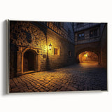 Framed landscape canvas art featuring a majestic castle, embellished with a silver frame, showcasing vibrant colors and intricate details, perfect for home decor.