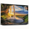 Acrylic glass artwork depicting a vibrant landscape featuring intricate cave formations, presented from a side view with colorful pins for display. Perfect for modern decor.