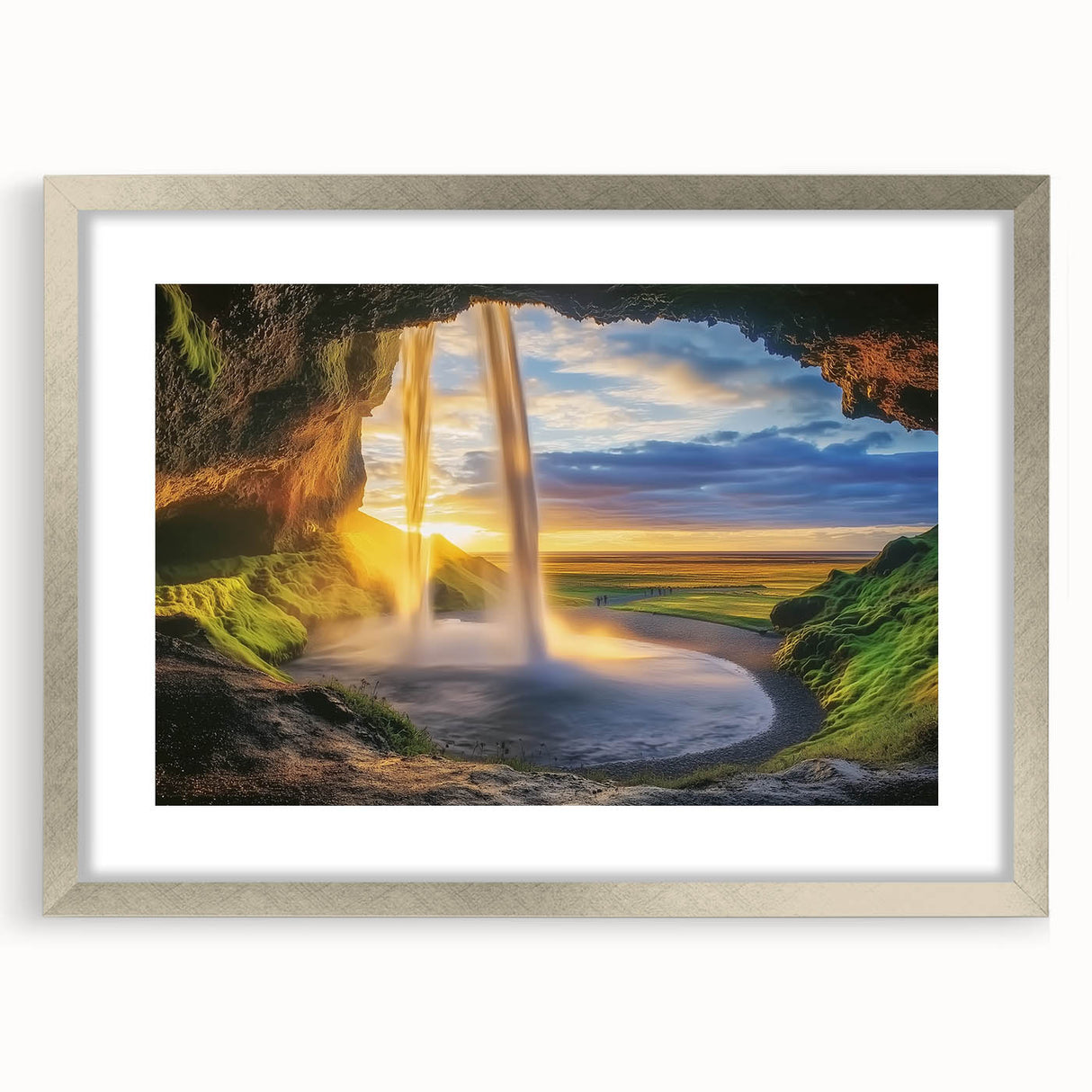 Elegant silver frame showcasing a landscape cave artwork with a white mat, perfect for home decor. The intricate design highlights natural textures and hues, ideal for art enthusiasts.