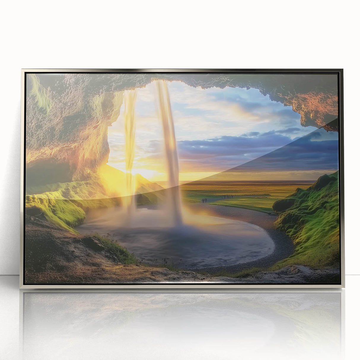 Framed acrylic artwork depicting a serene landscape with intricate cave formations, featuring silver accents. Perfect for modern home decor or art collectors.