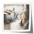 Abstract architecture wall art print featuring geometric shapes in vibrant blue and orange tones, displayed in a modern interior setting to enhance decor.